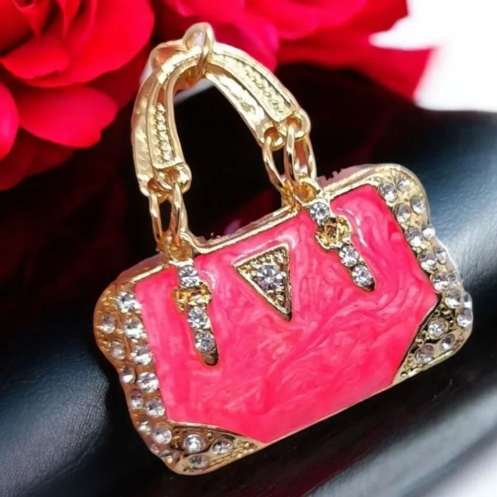 Pink Mini Handbag Bag Clip Purse Charm Rhinestone Pearlized Enamel Gold Keychain